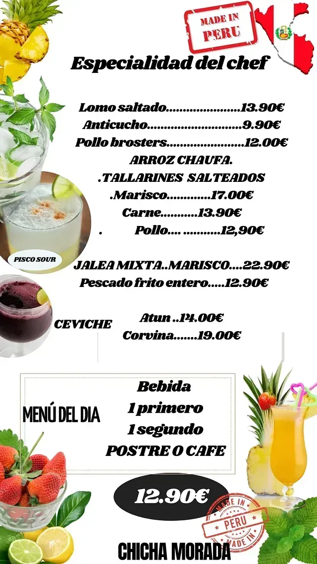 A menu for a restaurant called especialidad del chef
