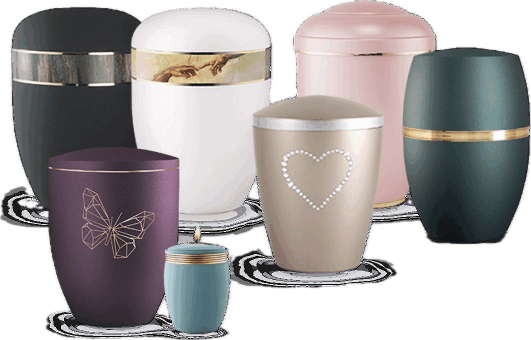 Sieben farbenfrohe Urnen in verschiedenen Formen und Designs für die Asche.