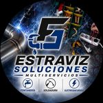 Logotipo circular de ESTRAVIZ SOLUCIONES MULTISERVICIOS con iconos de fontanería, soldadura y trabajos eléctricos.