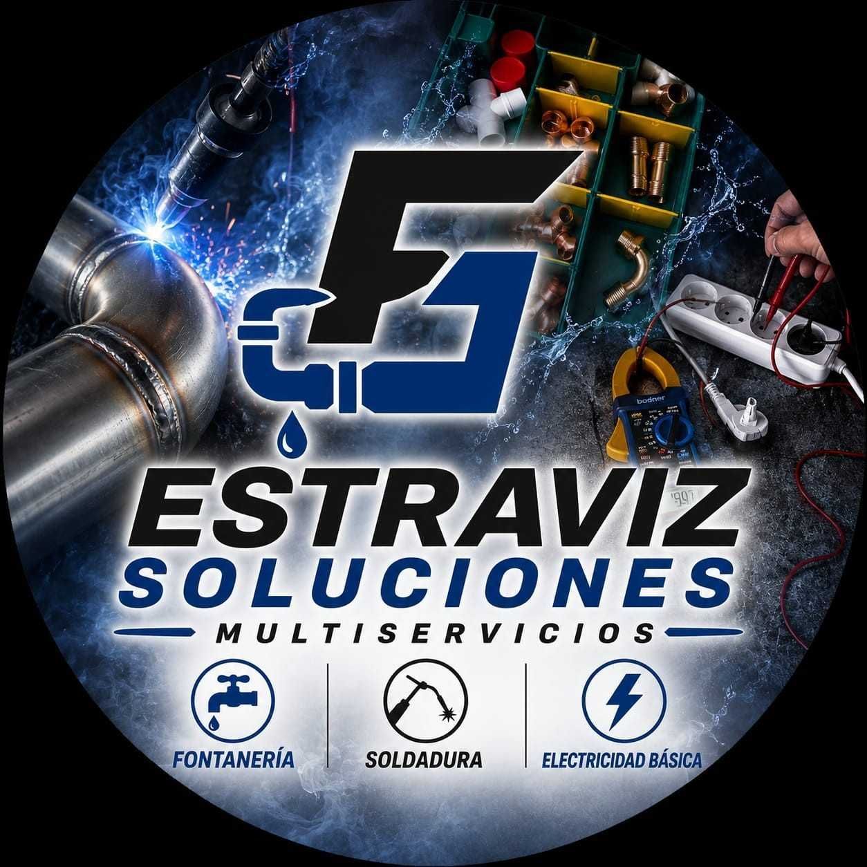 Logotipo circular de ESTRAVIZ SOLUCIONES MULTISERVICIOS con iconos de fontanería, soldadura y trabajos eléctricos.
