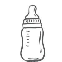 Dibujo lineal de un biberón con tetina y marcas de medición.