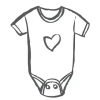 Contorno gris de un mono de bebé con un diseño de corazón en el centro.
