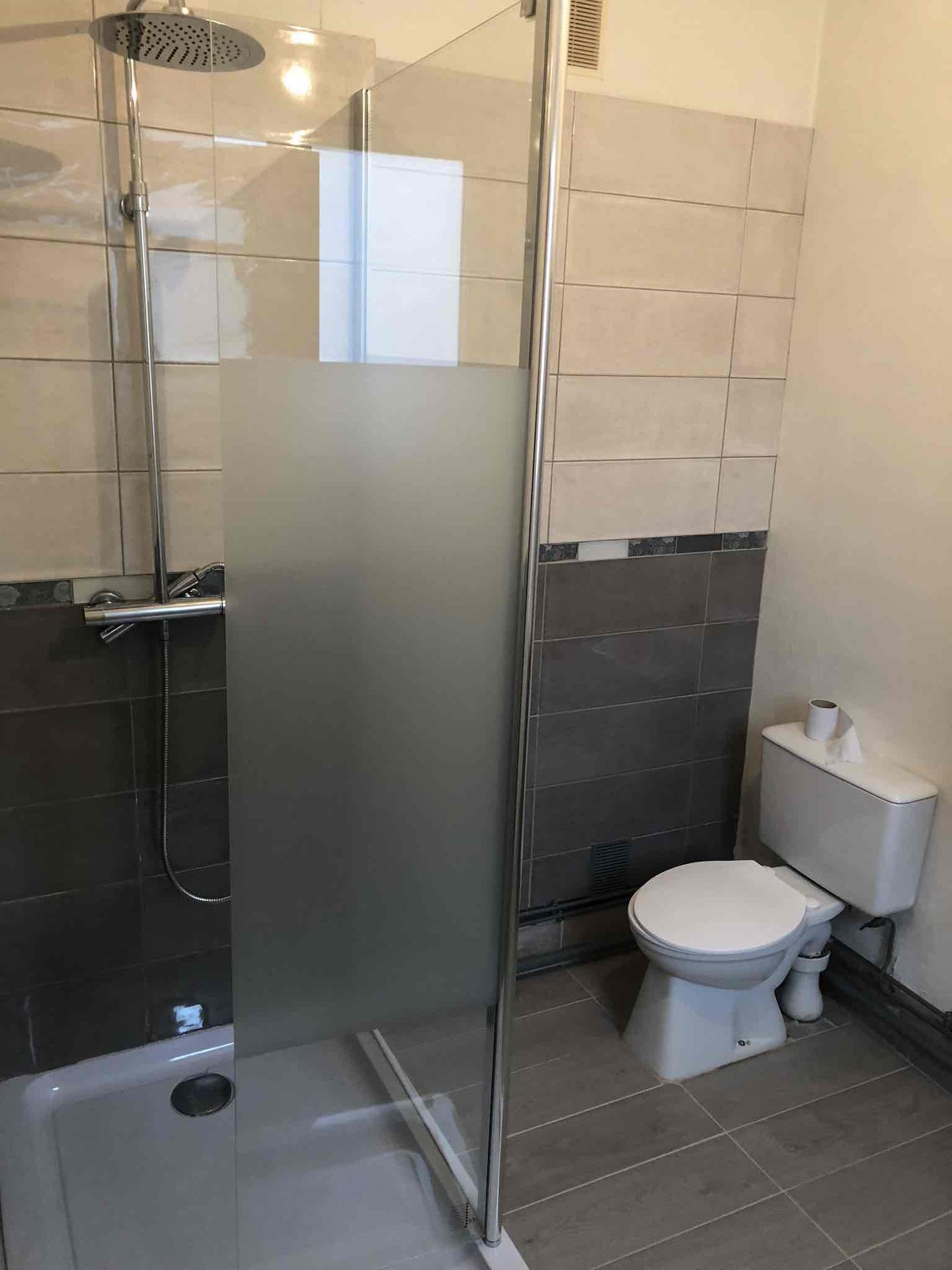 Salle de bains avec douche et toilettes