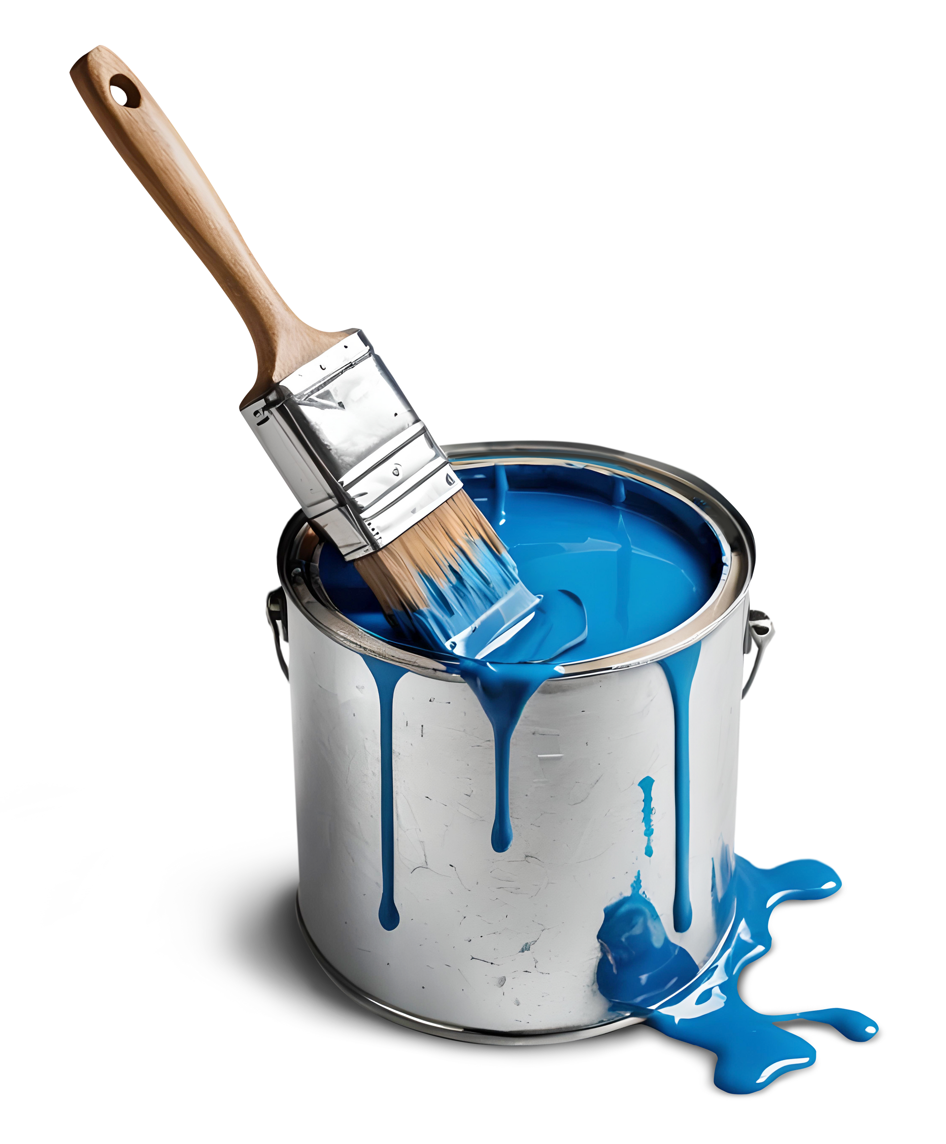 Un pot de peinture bleu avec un pinceau dedans.