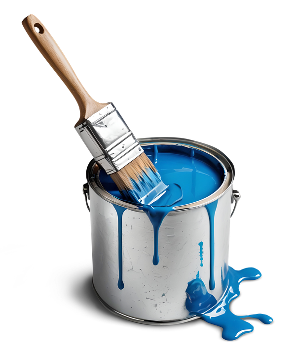 Un pot de peinture bleu avec un pinceau dedans.
