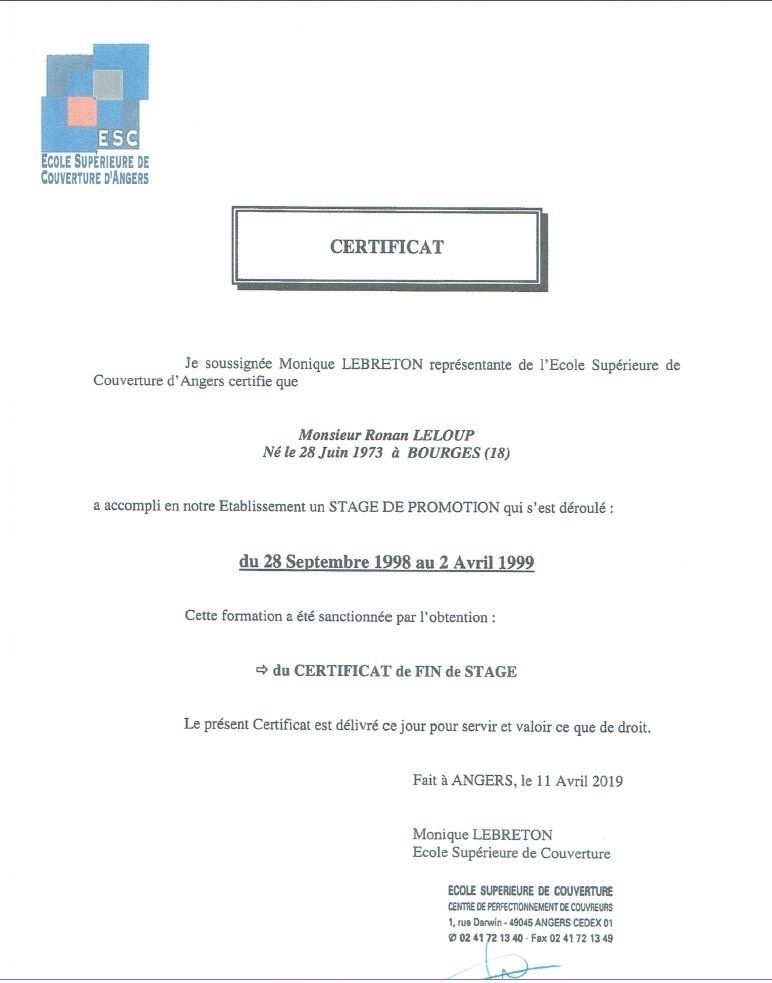 Certificat de l'Ecole Supérieure de Couverture