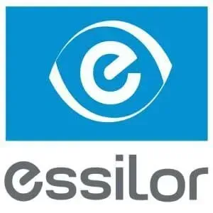 Logotipo da Essilor: ícone estilizado de um olho com um formato de "e" dentro, sobre um fundo azul.