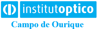 Logotipo do Instituto &Oacute;ptico, Campo de Ourique. Quadrado azul com &iacute;cone de &oacute;culos, texto em branco e azul.