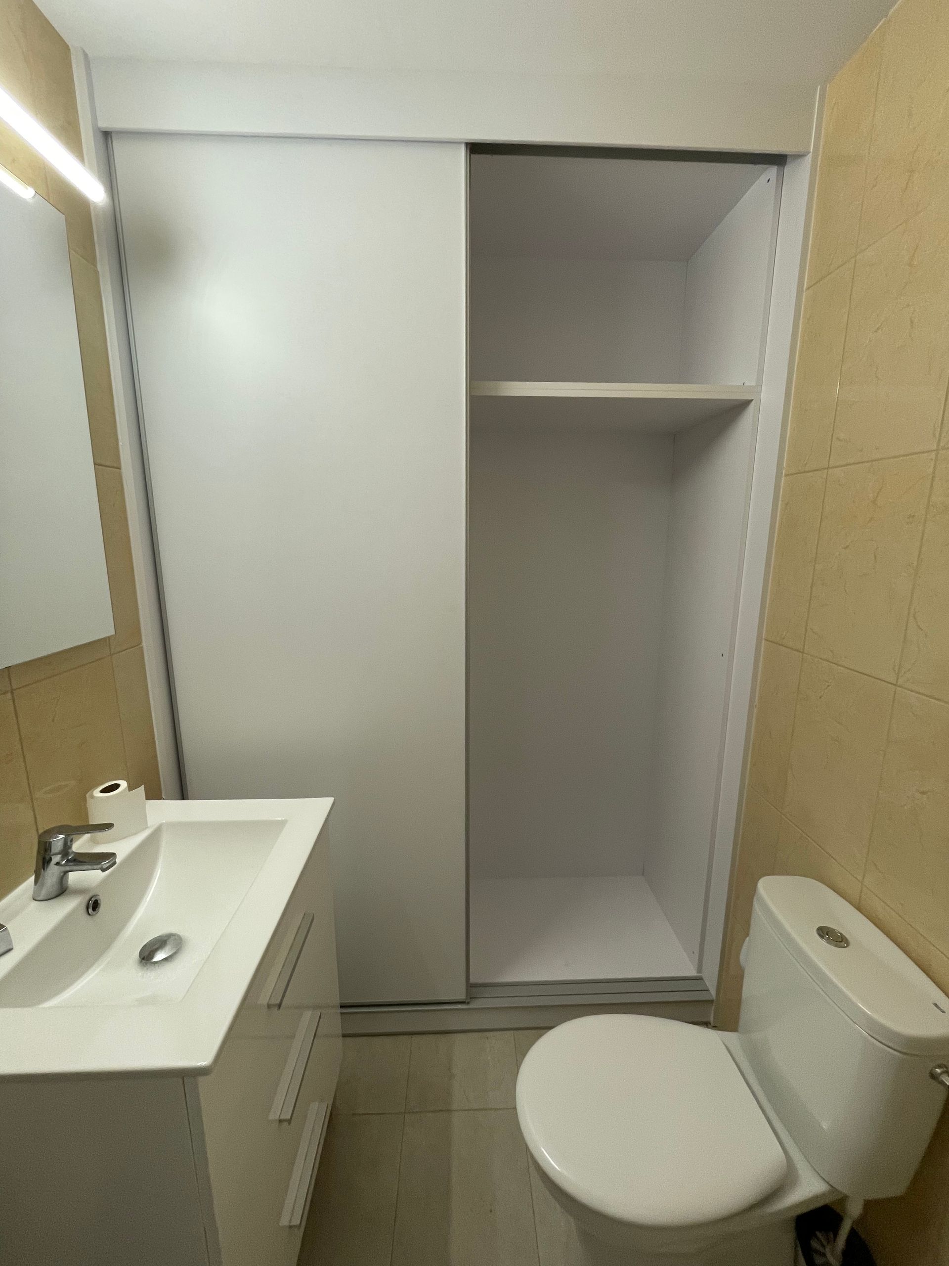 Un baño con inodoro, lavabo, espejo y armario.