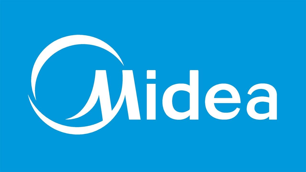 Logotipo de Midea: texto blanco y media luna sobre fondo azul.