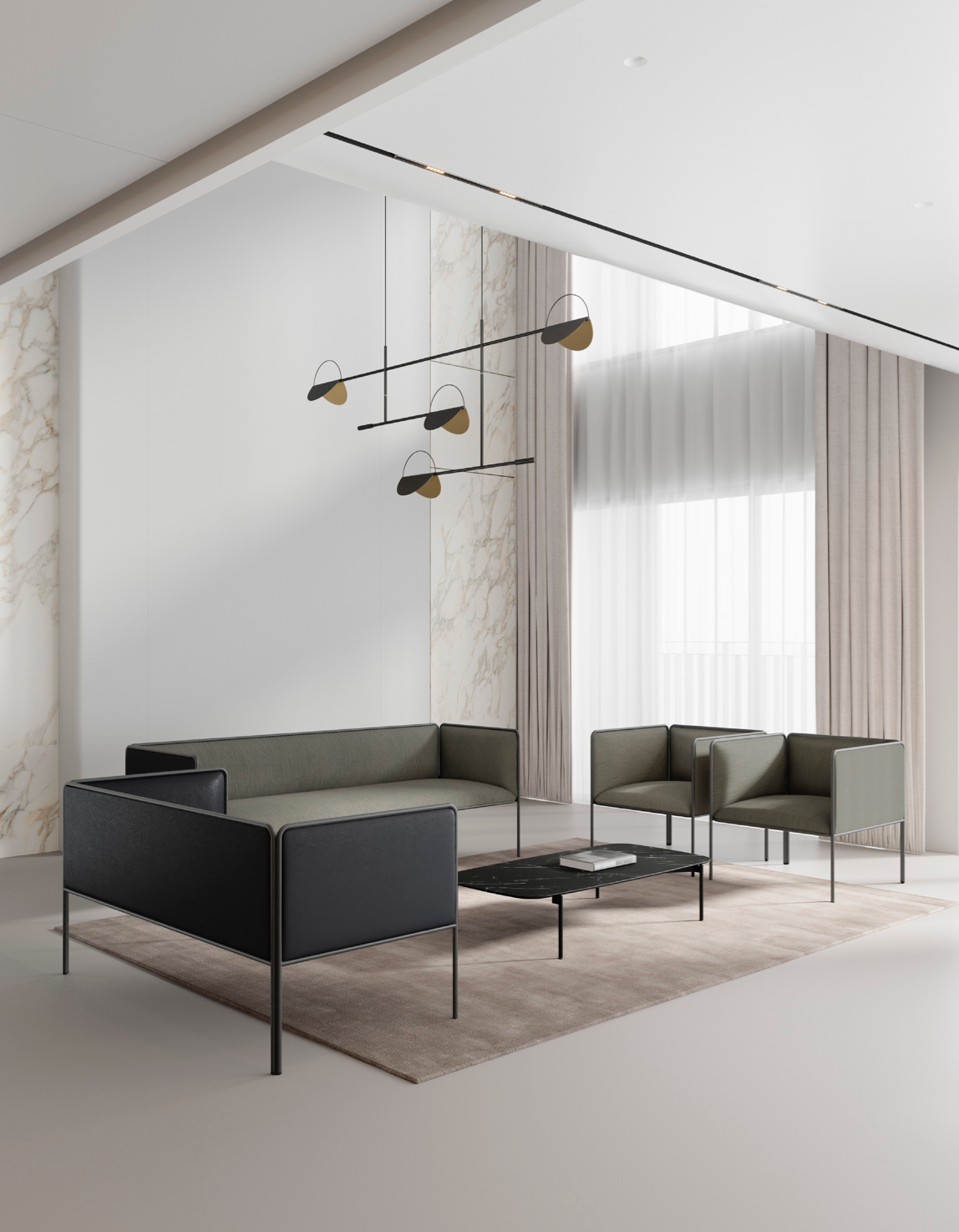 Una sala de estar con un sofá, sillas y una mesa de café.