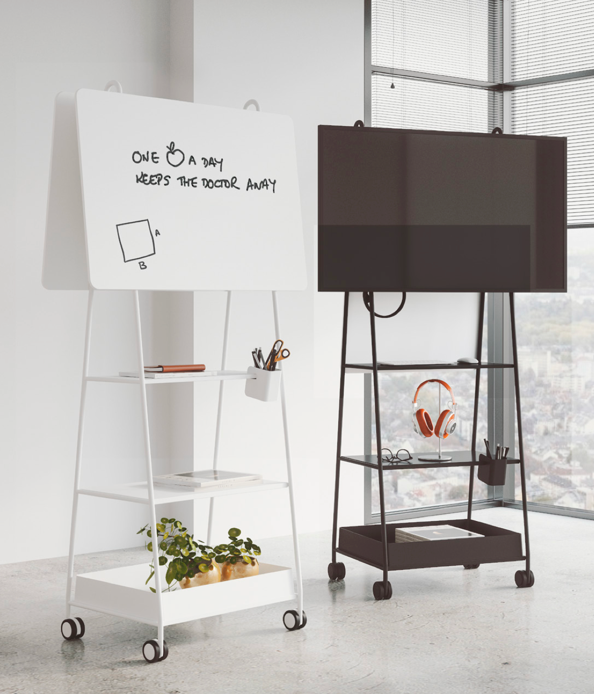 Una pizarra blanca en un estante junto a un televisor de pantalla plana