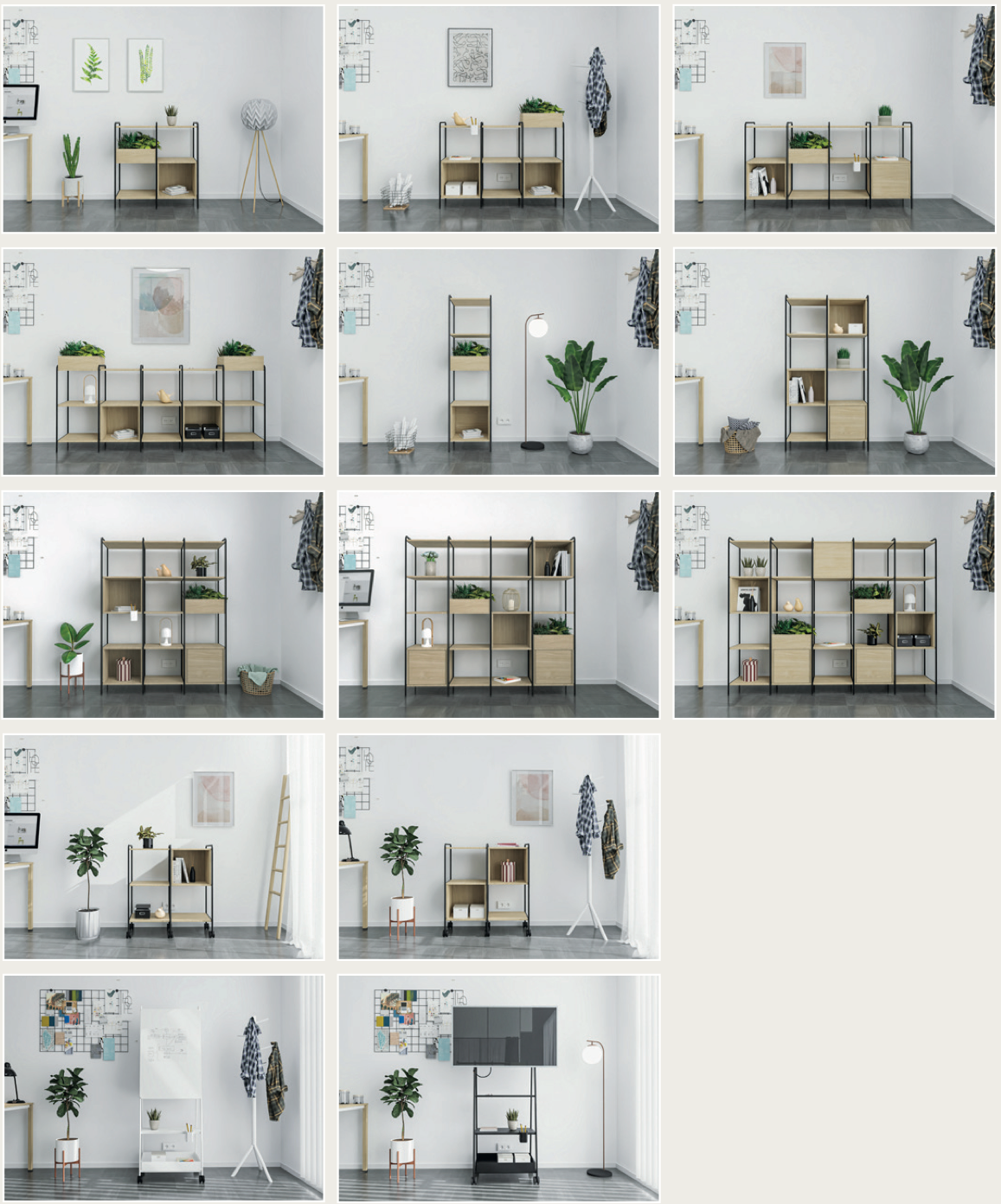 Un collage de imágenes de una sala de estar con estantes y plantas.