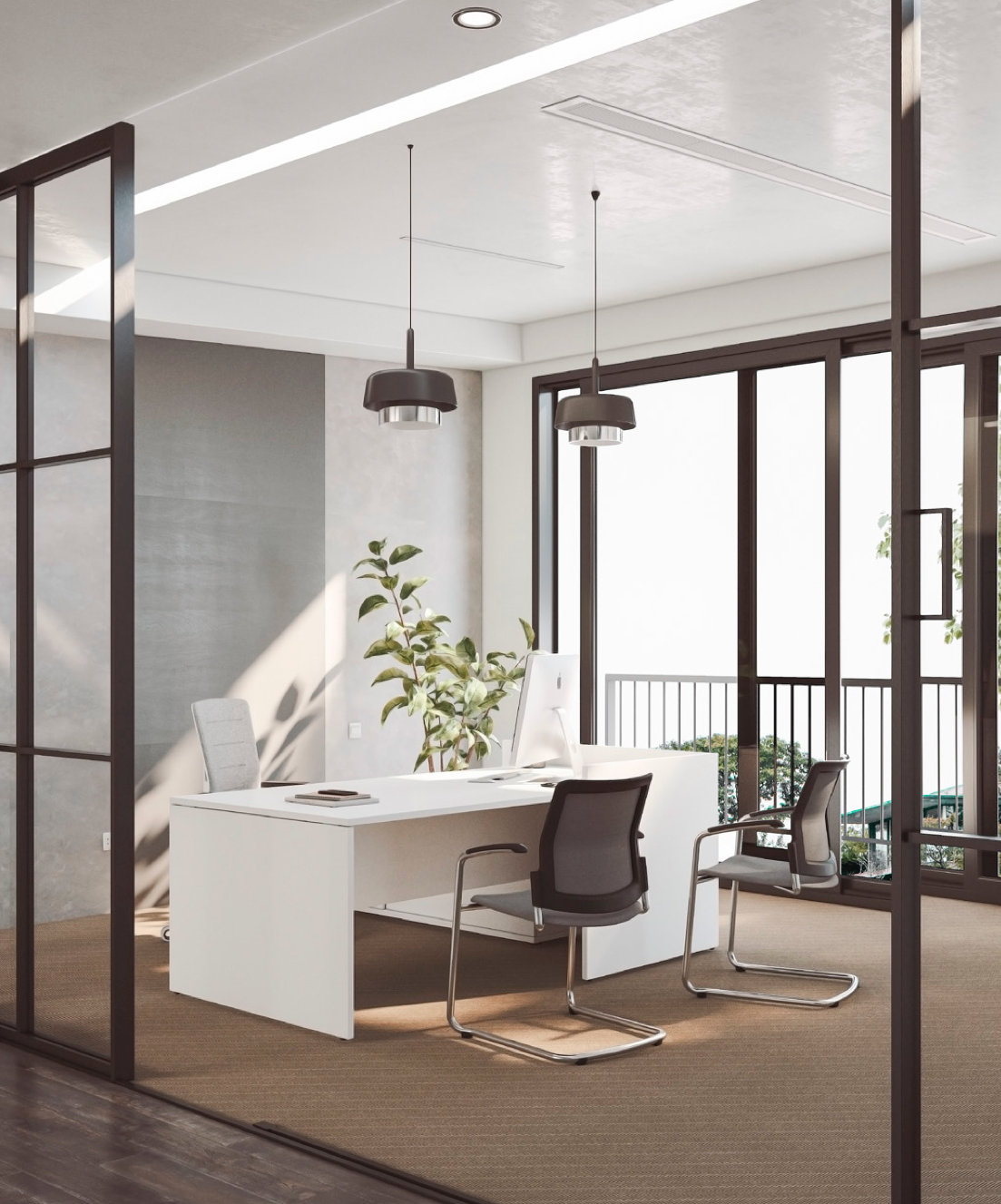 Una habitación con un escritorio y sillas.