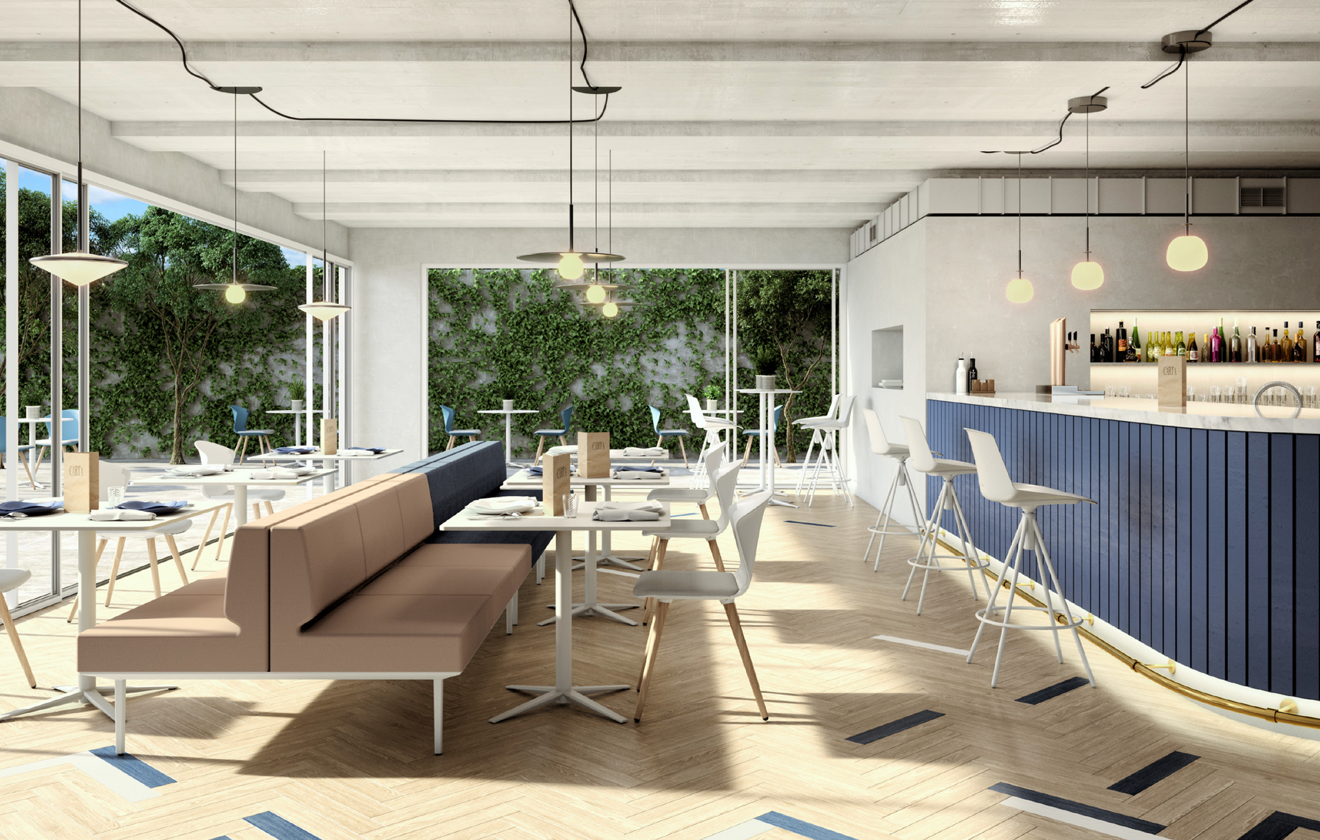 Un restaurante con mesas y sillas y una barra azul.