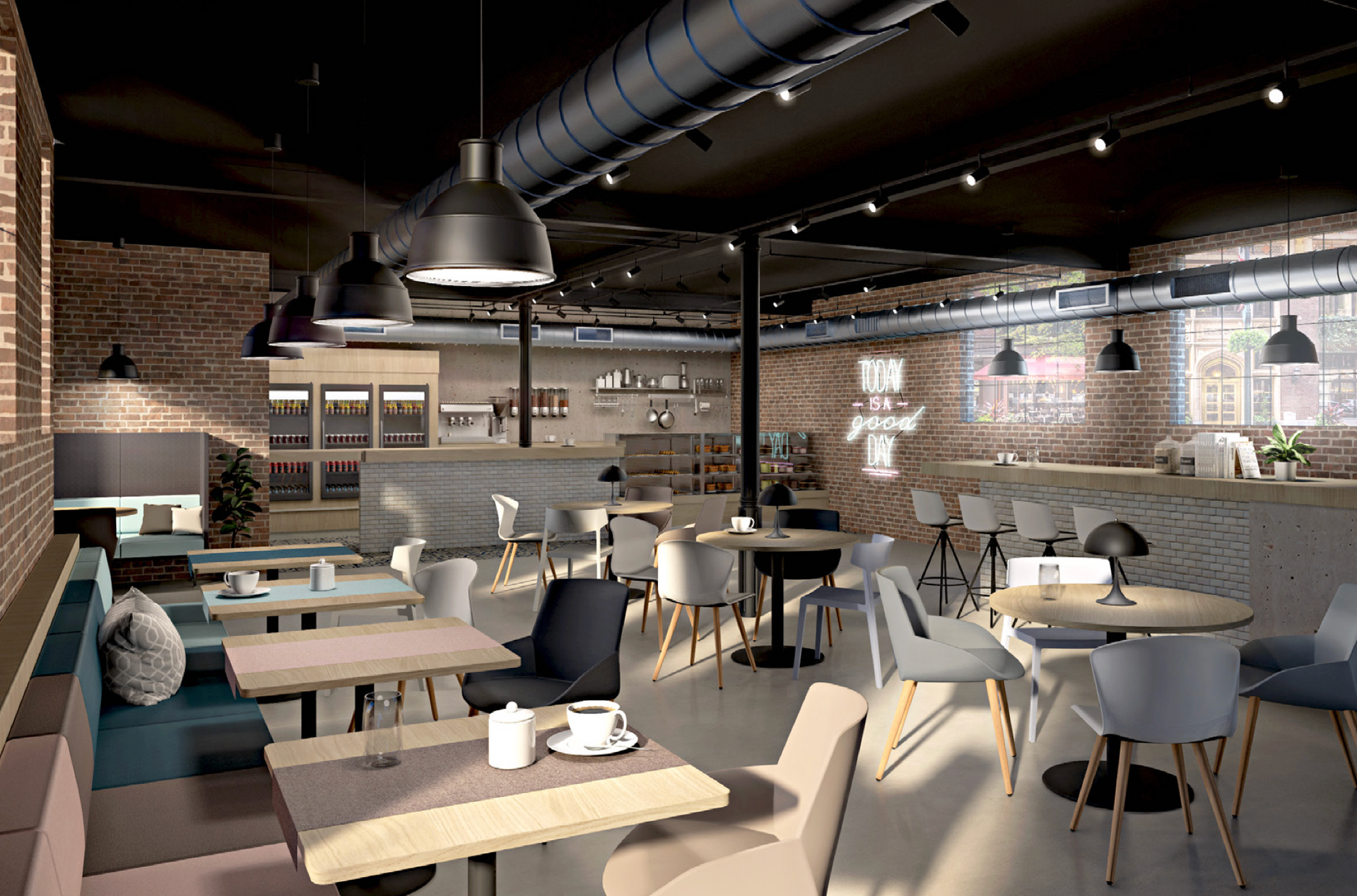 Impresión artística de un restaurante con mesas y sillas.