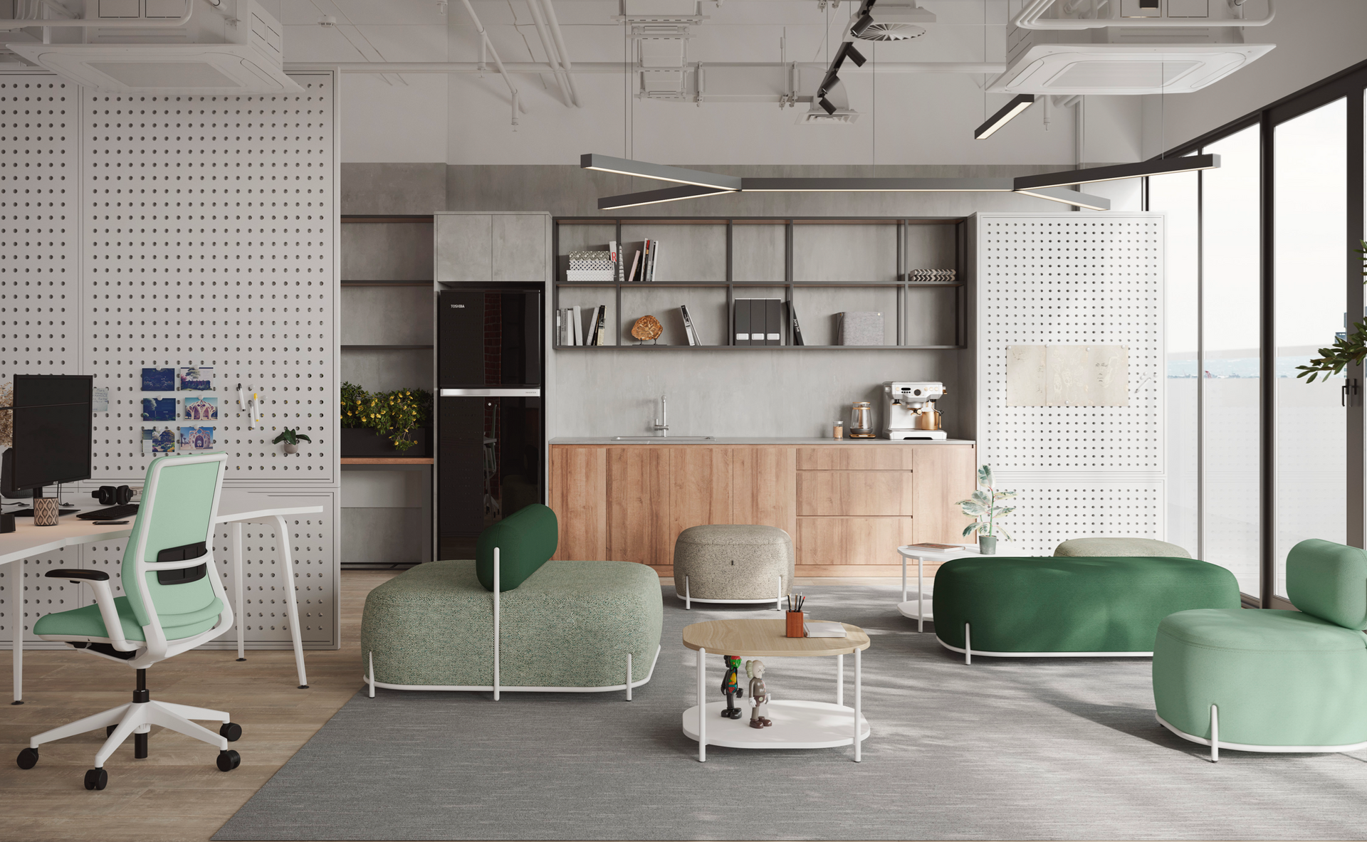 Una sala de estar con un sofá, sillas, mesas y un escritorio.