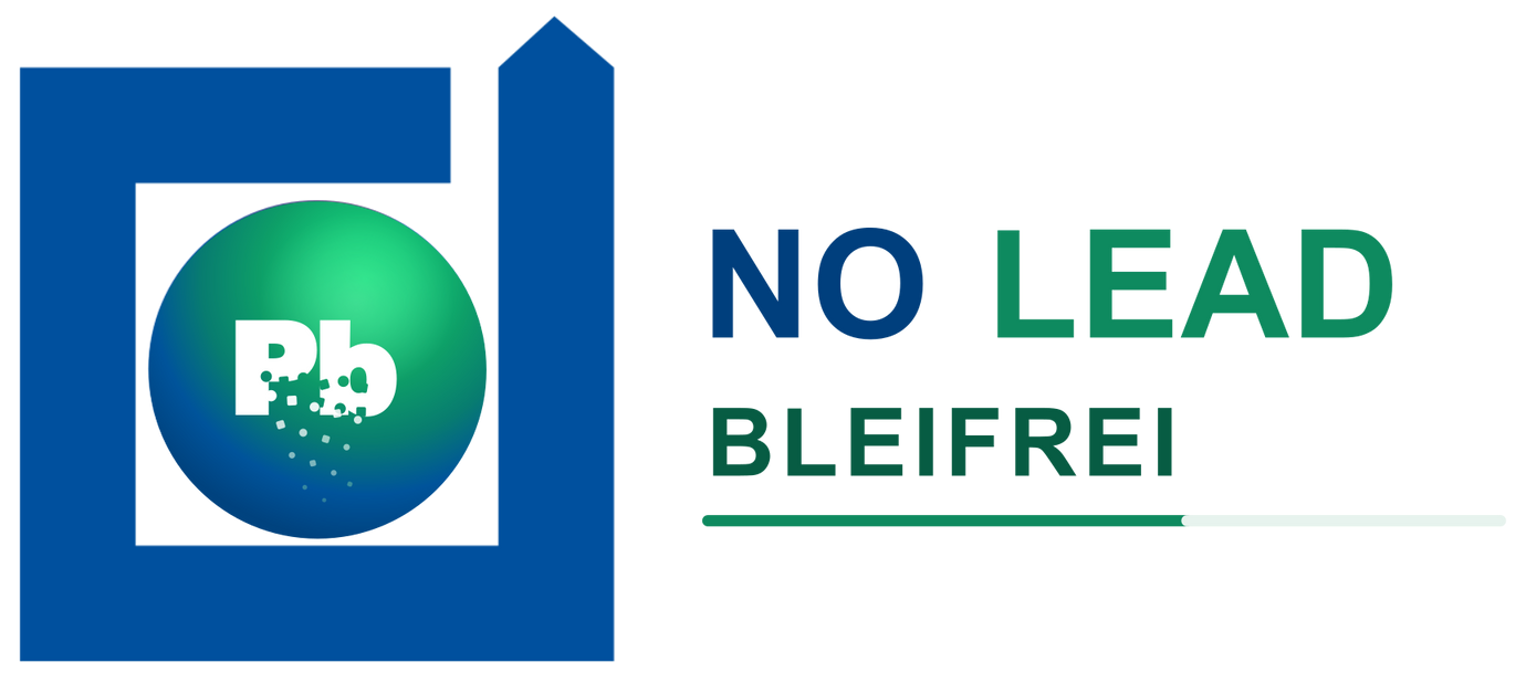 Logo für bleifreie Produkte mit grün-weißem Symbol und dem Text „NO LEAD“ und „BLEIFREI“