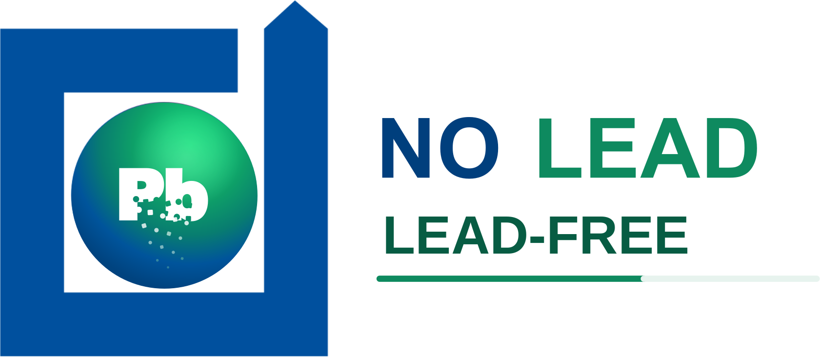 Logo für bleifreie Produkte mit grün-weißem Symbol und dem Text „NO LEAD“ und „BLEIFREI“