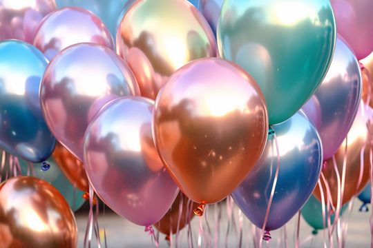 Ramo de globos iridiscentes en verde azulado, rosa, naranja y azul, con reflejos brillantes.