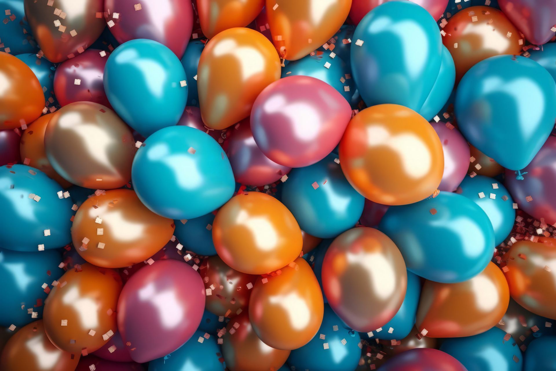 Una pila colorida de globos brillantes en verde azulado, naranja y rosa, esparcidos con confeti.