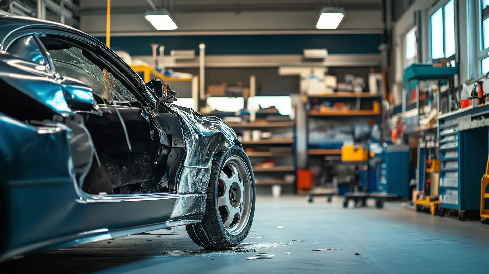 In einer Werkstatt wird ein Auto repariert.