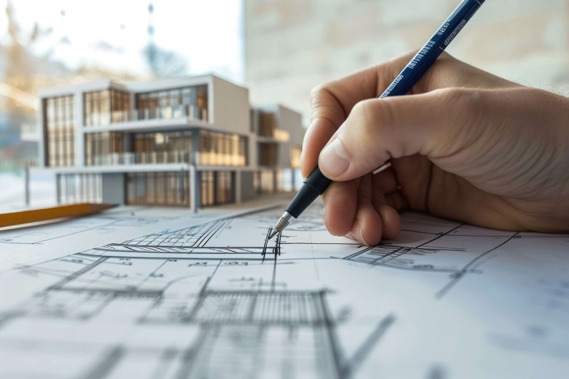 Una persona está dibujando una casa en un plano con un bolígrafo.