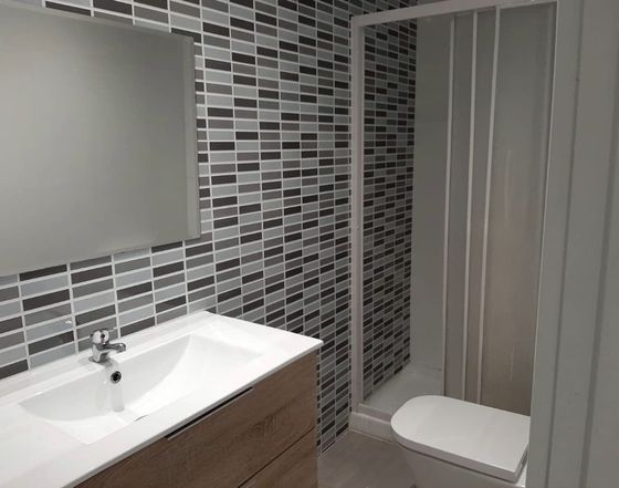 Un baño con lavabo, inodoro, ducha y espejo.