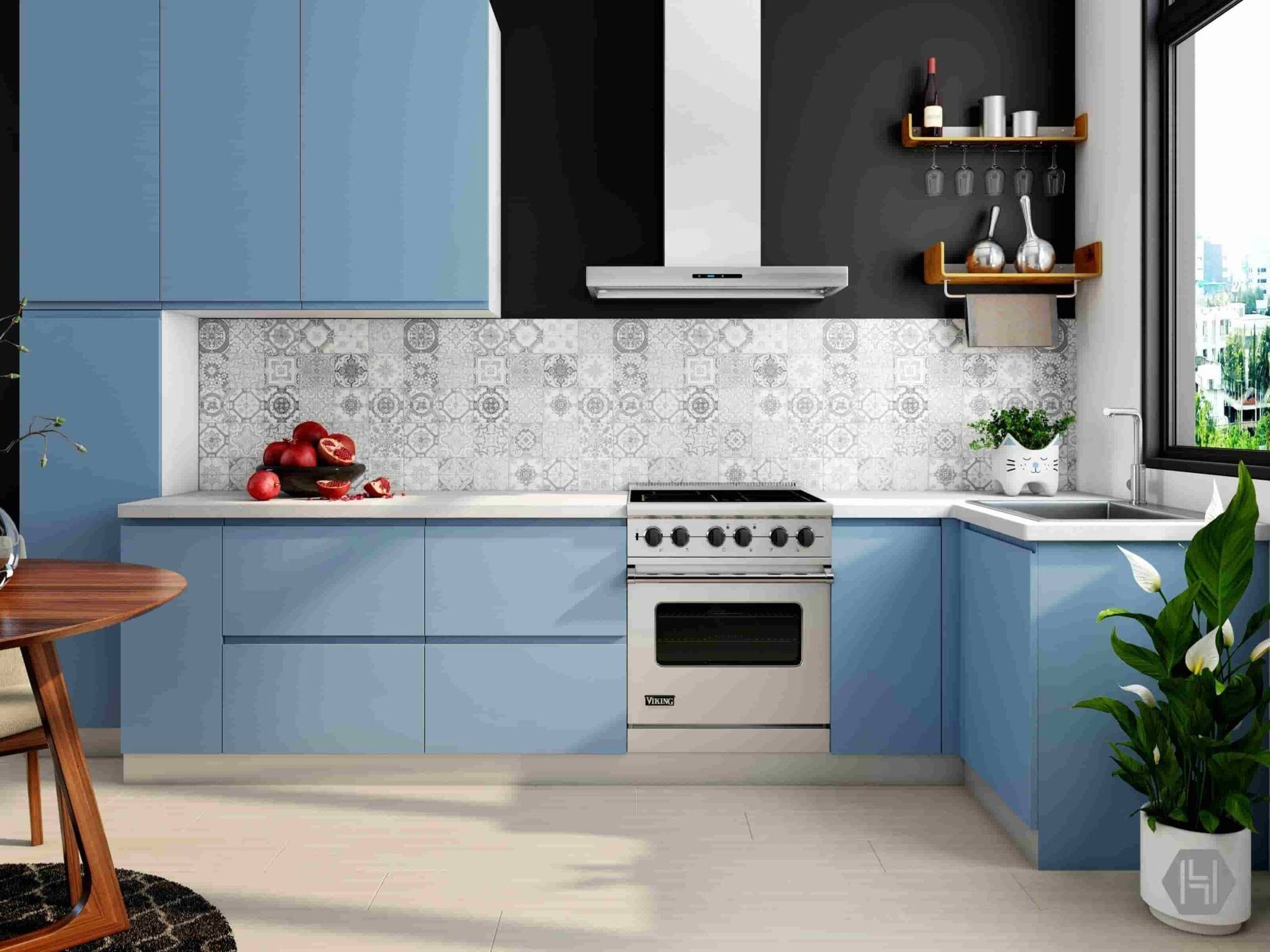 Una cocina con gabinetes azules, una estufa, un fregadero y una ventana.