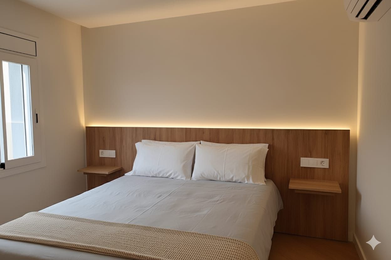 Dormitorio con cama, cabecero de madera con iluminación incorporada y dos mesitas de noche.