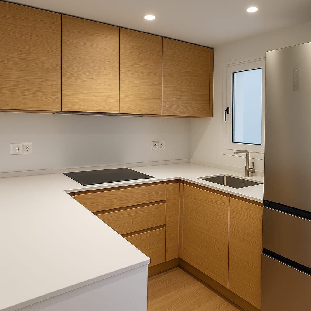Cocina moderna con gabinetes de madera clara, encimeras blancas y refrigerador de acero inoxidable.