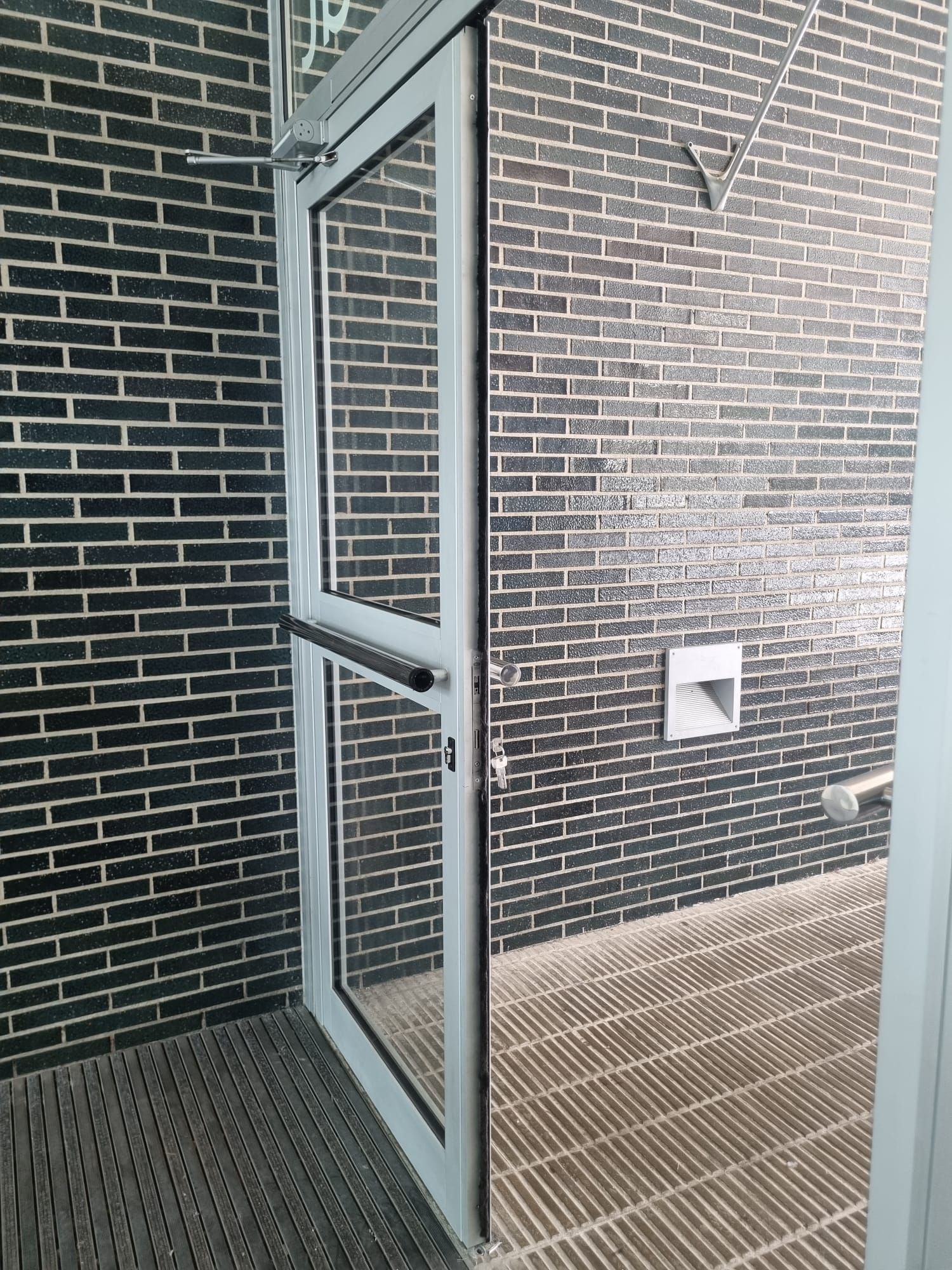 Ducha con puerta de cristal y paredes de ladrillo negro.