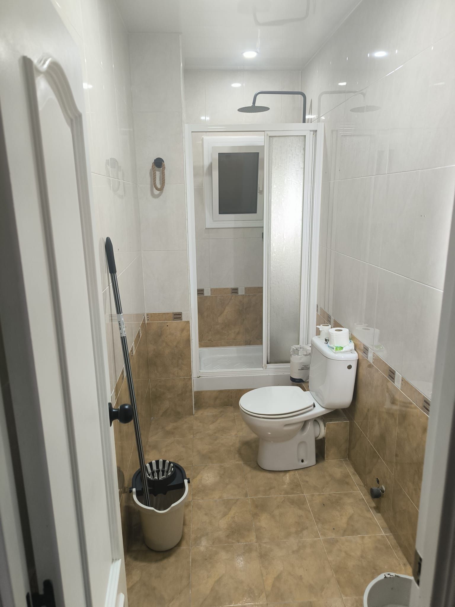 Baño con azulejos blancos y beige, inodoro, ducha y artículos de limpieza.