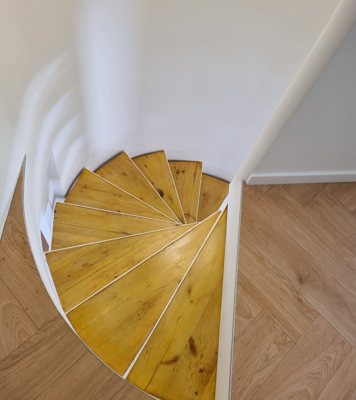 Escalera de caracol de madera con paredes blancas, vista desde arriba.