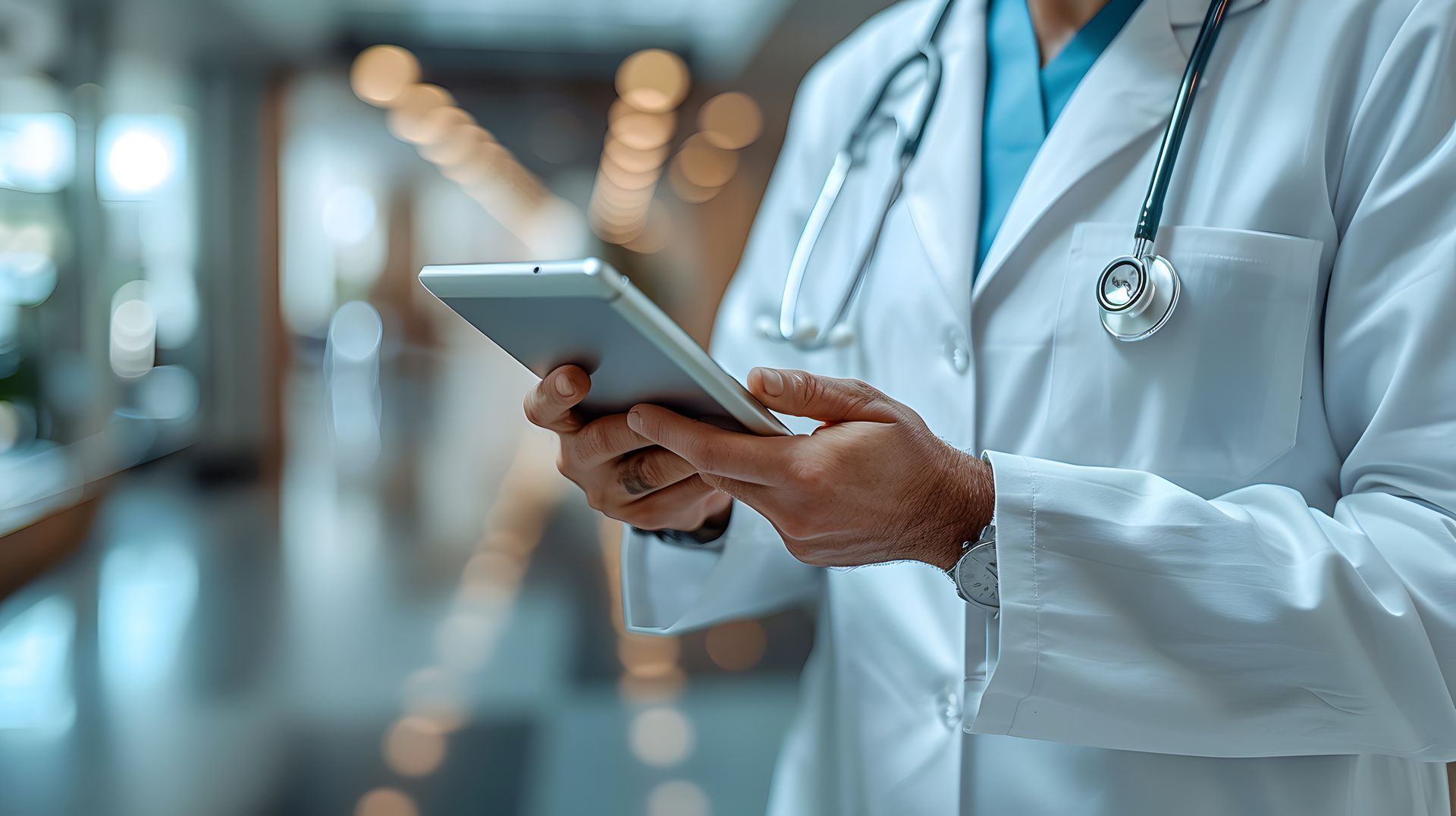 Arzt oder Ärztin mit einem Tablet