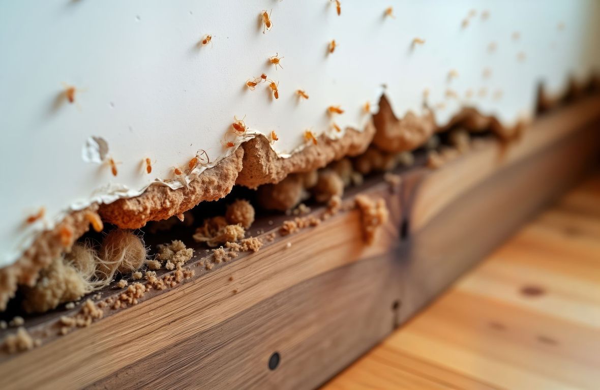 Dégâts causés par les termites dans un mur, laissant apparaître le bois et les insectes