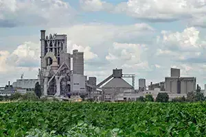 Zementindustrie Industrieanlage hinter einem grünen Feld unter bewölktem Himmel