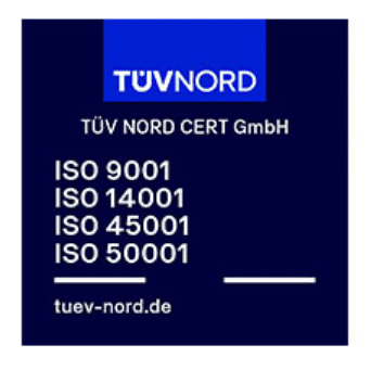 TÜV NORD-Zertifizierungslogo mit ISO 9001, 14001, 45001 und 50001 TÜV NORD-Zertifizierungslogo mit ISO 9001, 14001, 45001 und 50001