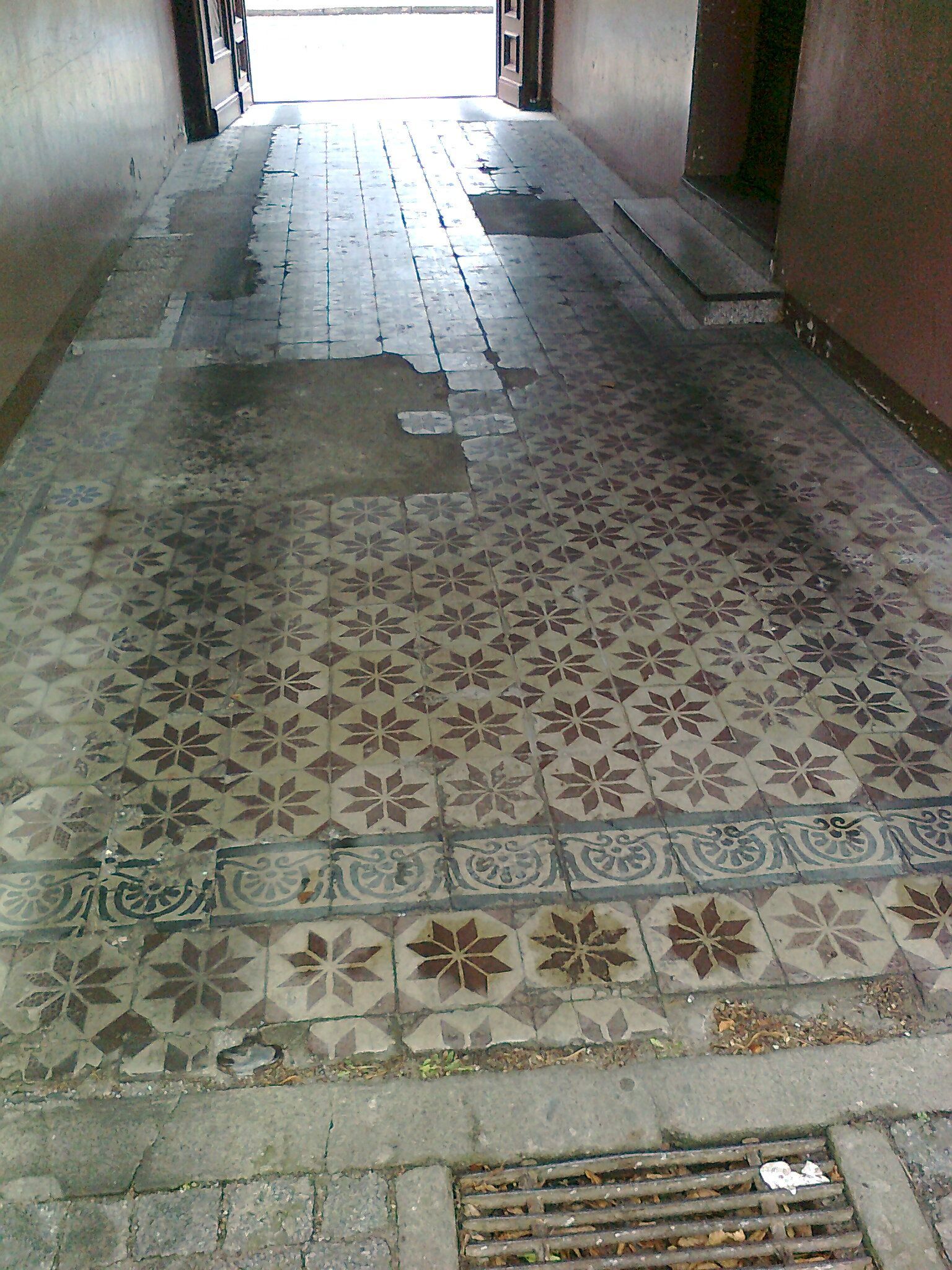 Ein schmaler Flur mit Blumenmuster auf dem Boden