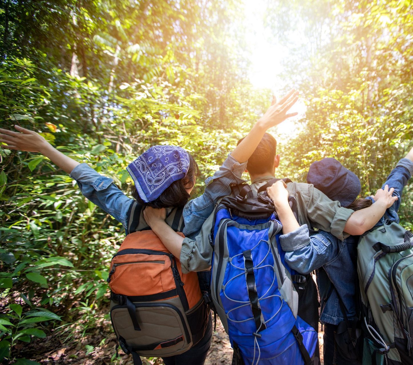 Un grupo de personas con mochilas caminan por un bosque.