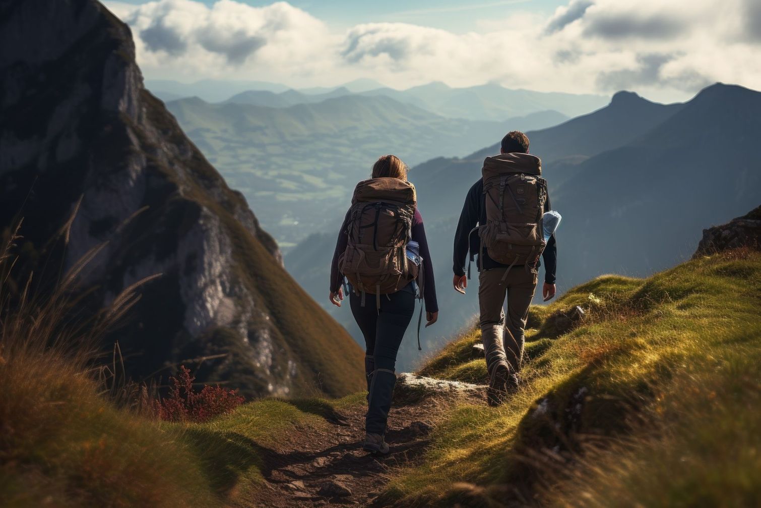 Dos personas con mochilas están subiendo una montaña.