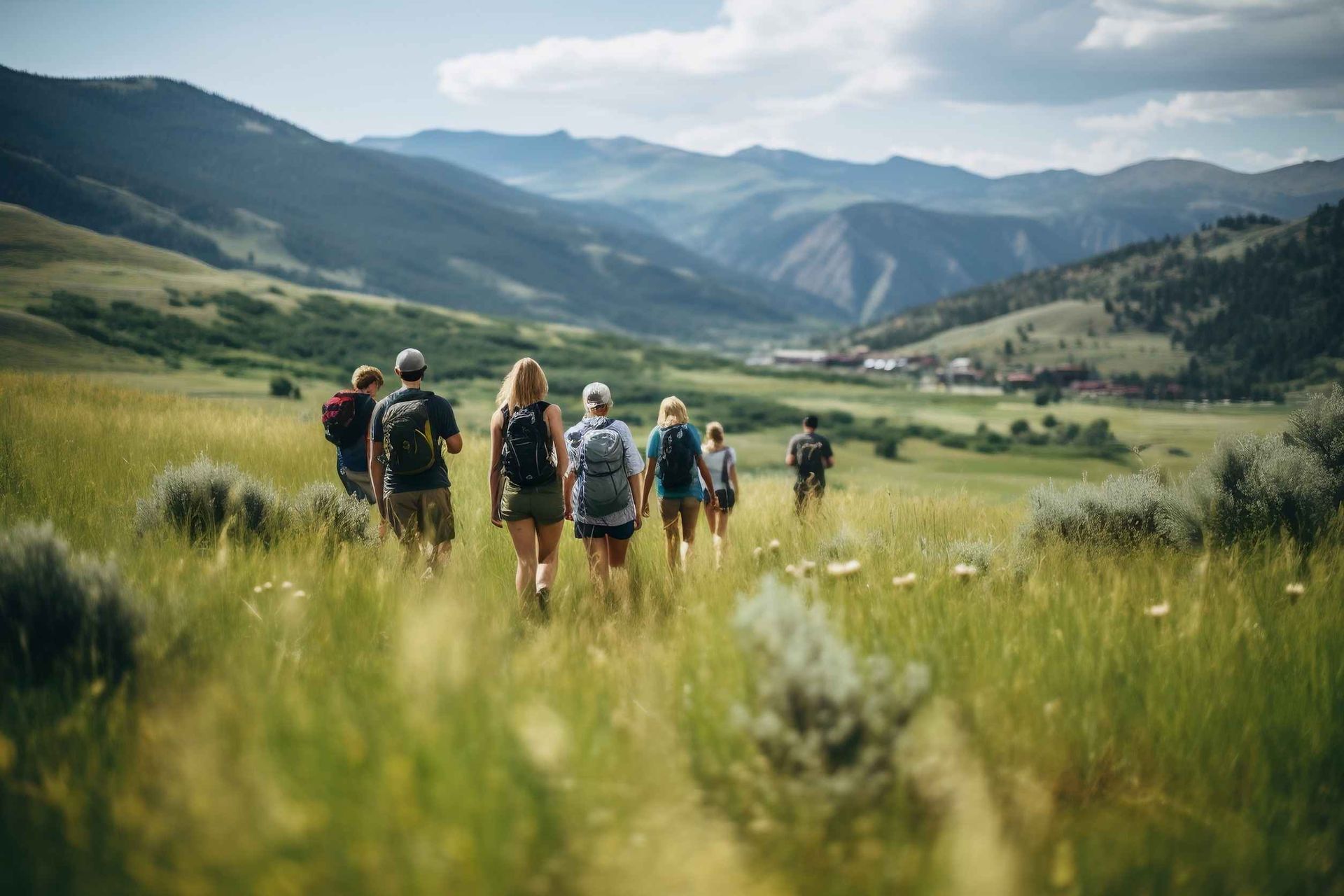 Un grupo de personas camina por un campo de hierba con montañas al fondo.