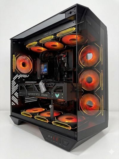 Eine Person mit Maske arbeitet an einem offenen Desktop-Computer mit violetter Beleuchtung.