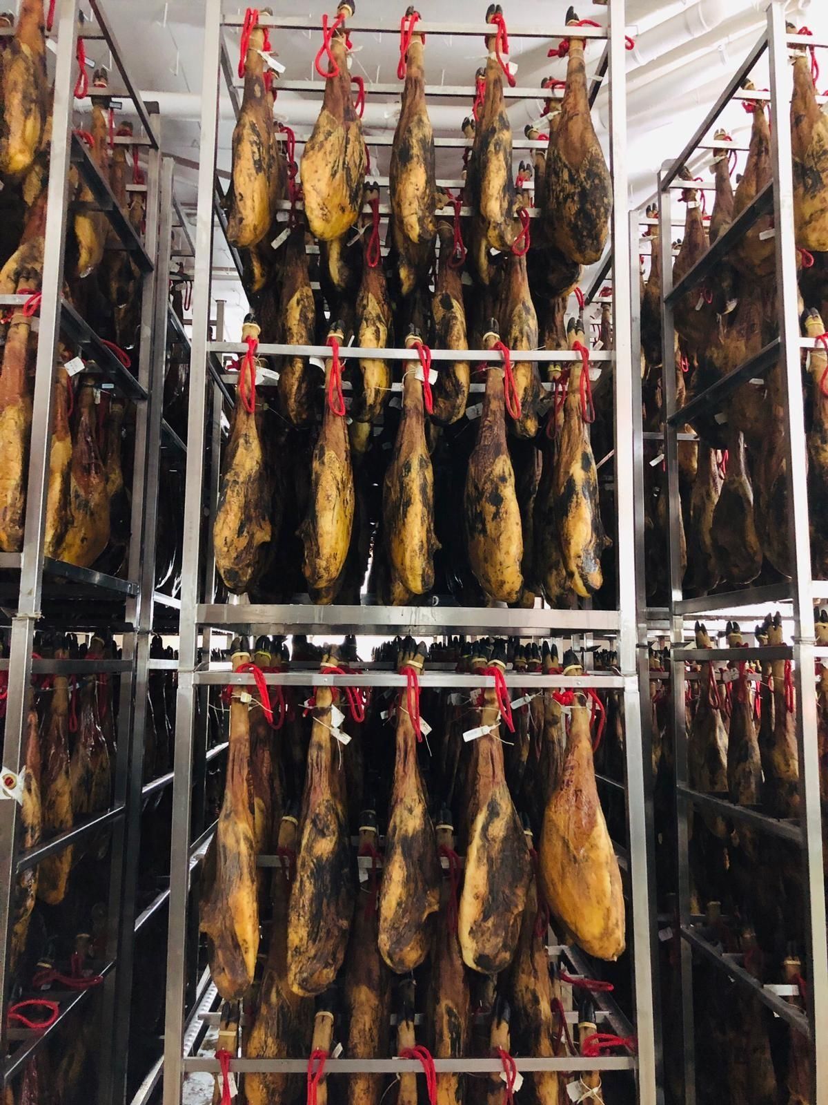 Patas de jamón curado colgadas en rejillas metálicas en una sala de curación climatizada.