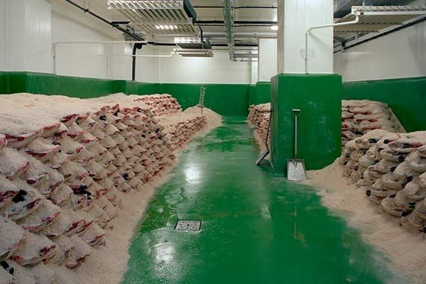 Producto grande, blanco y en bolsas, apilado en un almacén con paredes y suelos verdes.