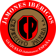 Logotipo de Jamones Ibéricos de Cerrino Parra, de Guijuelo (Salamanca), España. Círculo rojo con detalles marrones y negros.