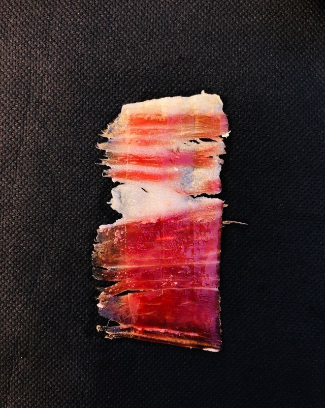 Loncha de jamón curado, de color rojo con infiltraciones de grasa blanca sobre fondo negro.