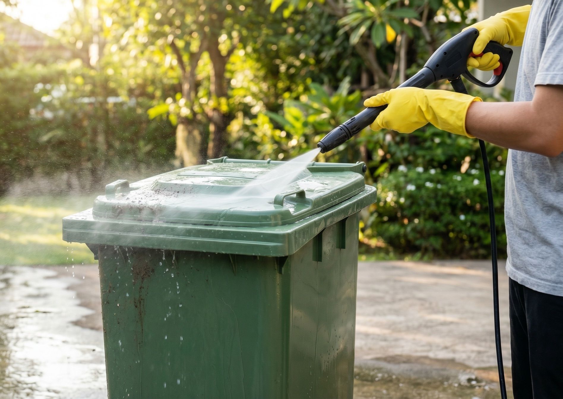 Une personne nettoie au nettoyeur haute pression une poubelle verte dans un jardin ensoleillé