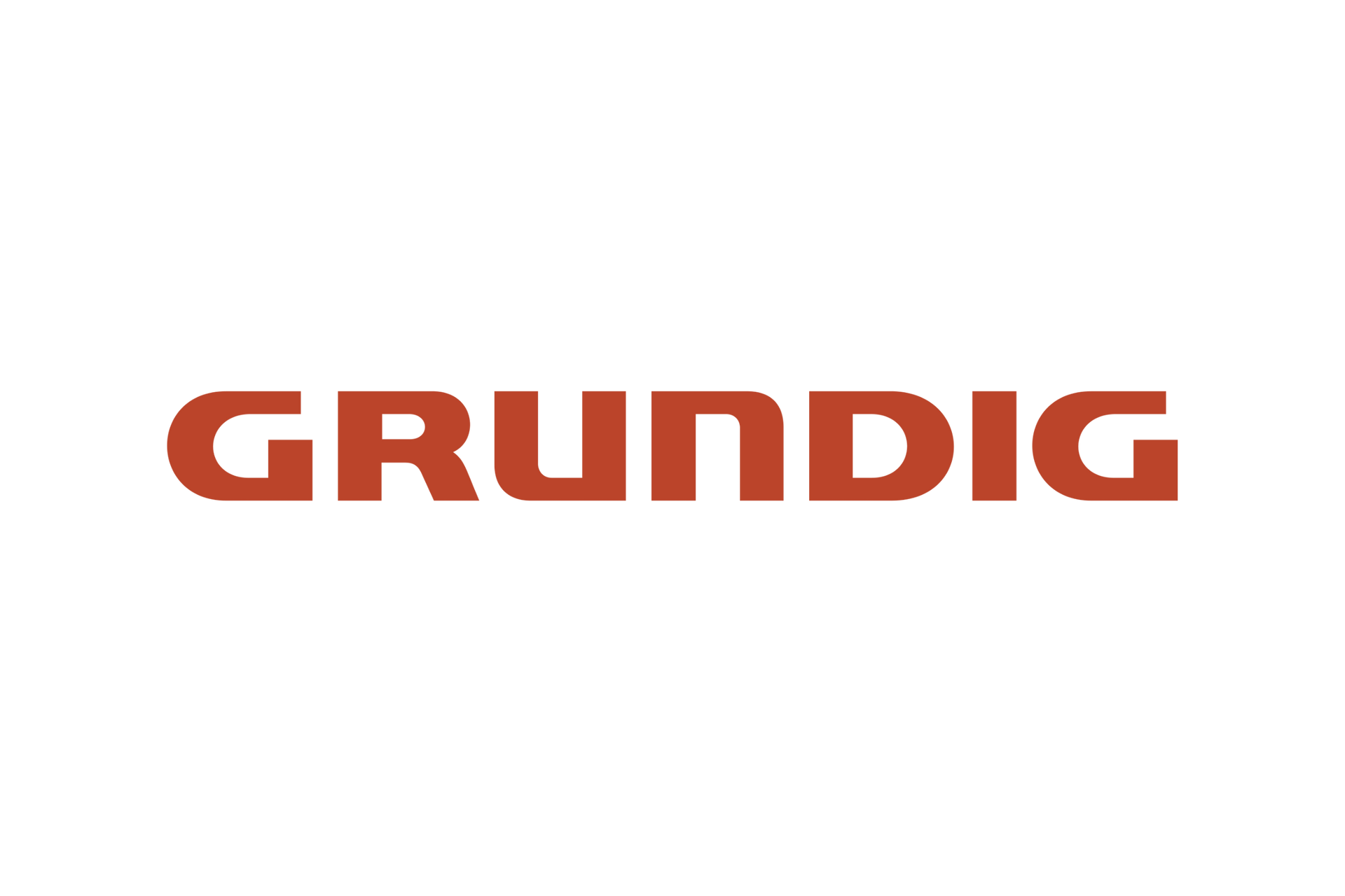 El logotipo de Grundig es rojo y blanco sobre un fondo blanco.