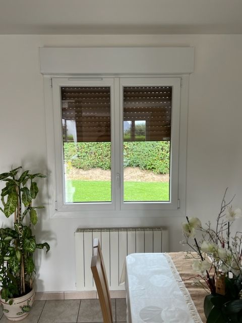 Fenêtre à cadre blanc avec volets bruns partiellement abaissés, donnant sur une pelouse verte et un jardin.